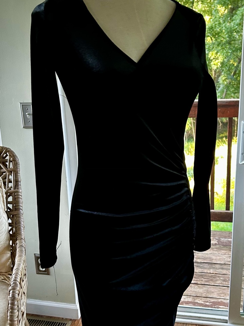 Black Velvet Long-Sleeve Wrap Ruched Dress by Guberry, Sz XSmall